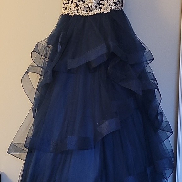 Aria Couture Navy Blue Diamond Studded Prom Dress With Open Back. Size Small - Picture 4 of 14